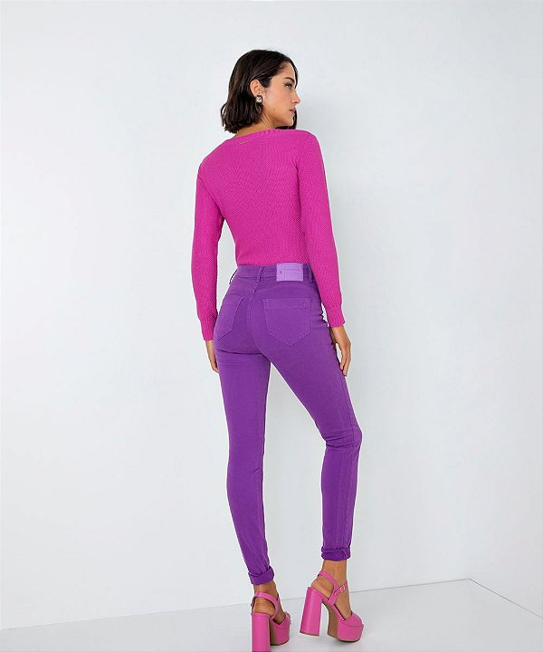 Calça Jeans Esmeralda Skinny Flor de Lis M22090 Tamanho 42 Roxa