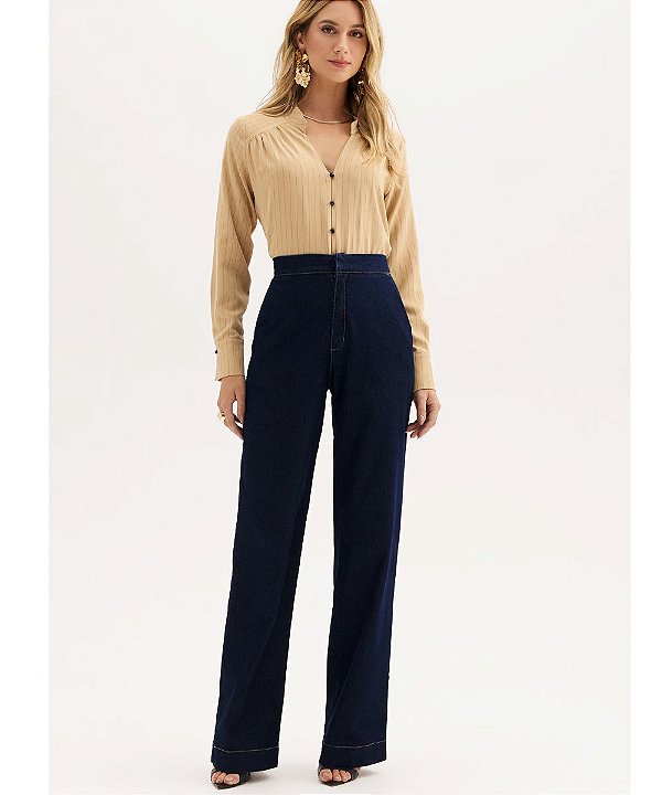 Calça Jeans Wide Leg Flor de Lis F22389