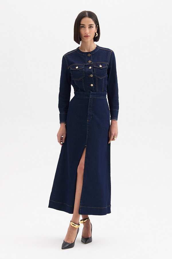 Saia Longa Jeans Flor de Lis F28257