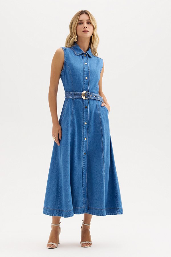 Vestido Denim Maxi Midi Flor de Lis F28258