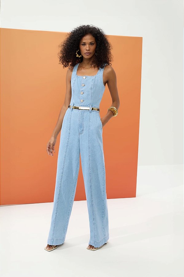 Macacao Longo Jeans Super Wide Flor de Lis F68200
