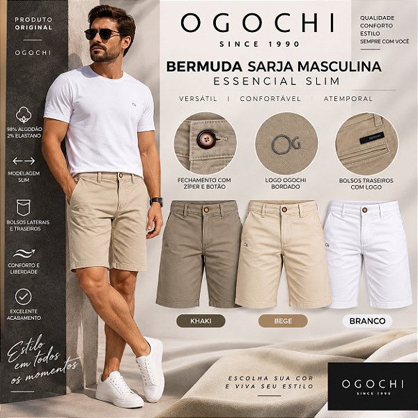 Bermuda Sarja Masculina Ogochi Essencial Slim Original