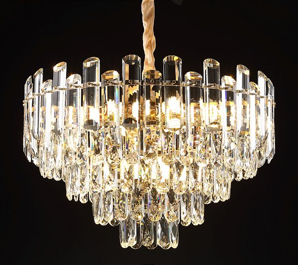 Pendente Cristal Transparente e Metal Dourado D55cm E14x11