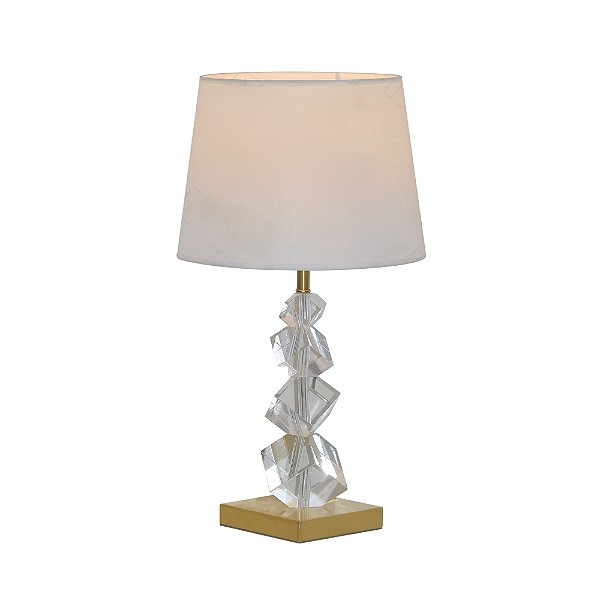 Abajur Metal Bronze e Cristal Transparente e Cùpula em linho Branco