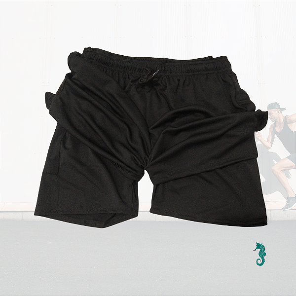 Short Duplo Compressão Masculino com Bolsos e Suporte