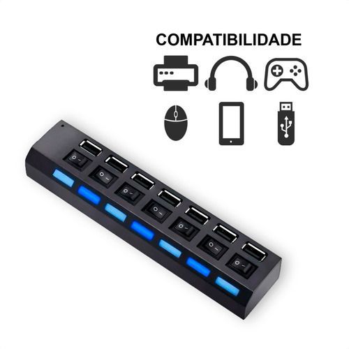 EXTENSÃO HUB RÉGUA USB 2.0 - 7 PORTAS PC HD EXTERNO PENDRIVE