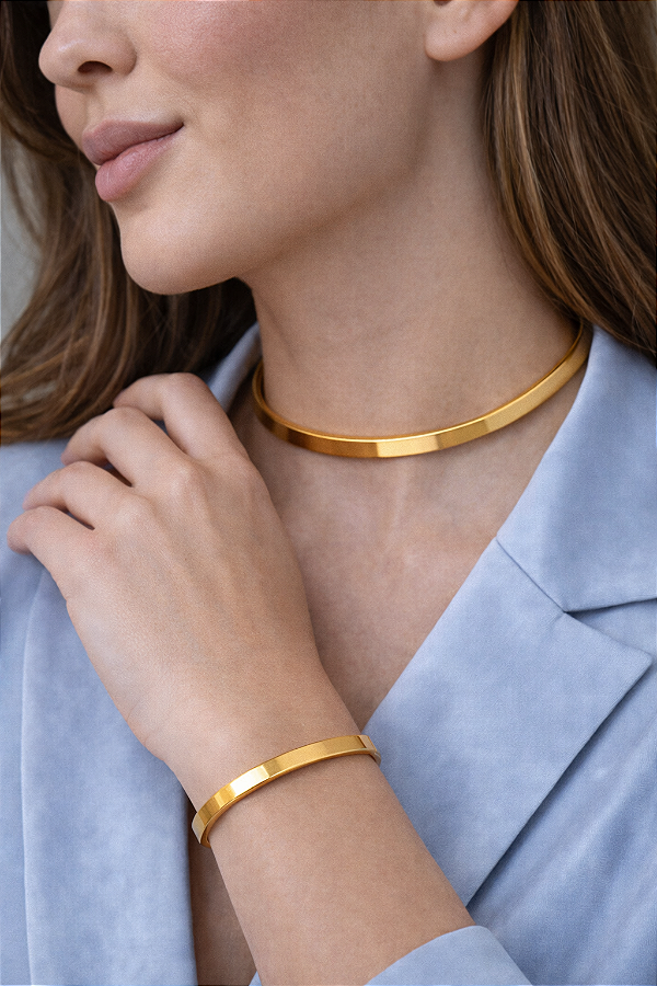 Conjunto Choker + Bracelete Retangular Folheado em ouro 18k