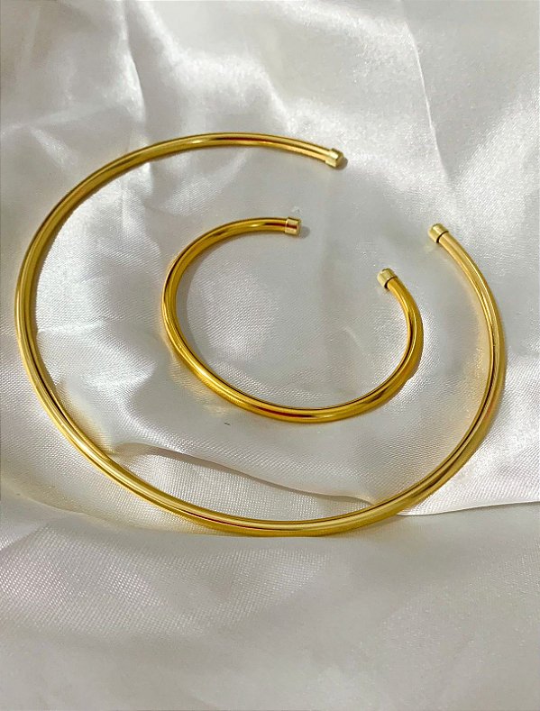 Conjunto Choker e Bracelete Liso folheado em ouro 18k
