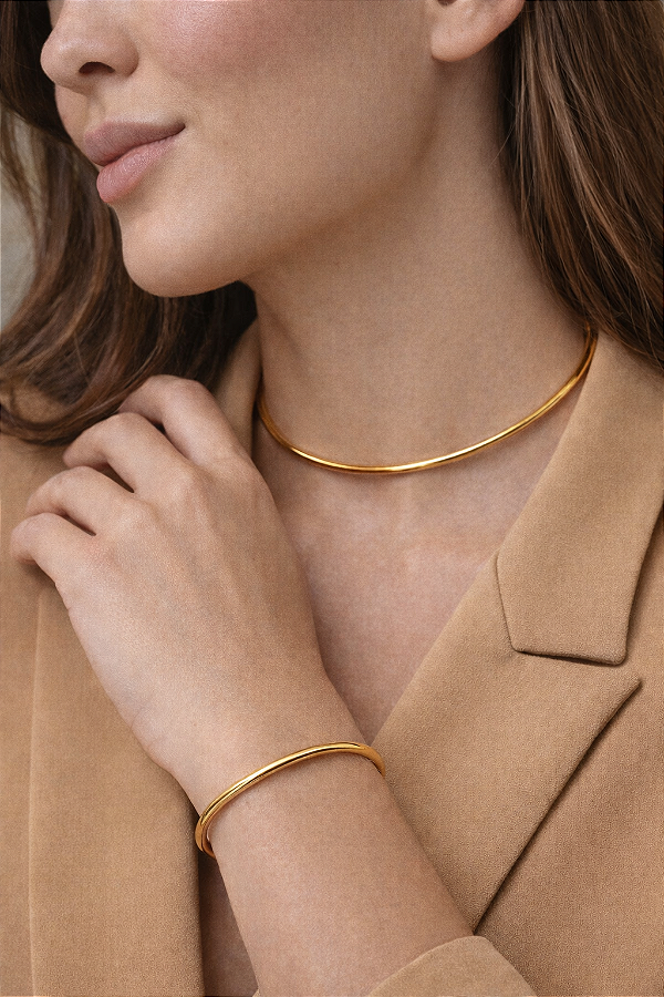 Conjunto Choker e Bracelete Redondo Liso folheado em ouro 18k