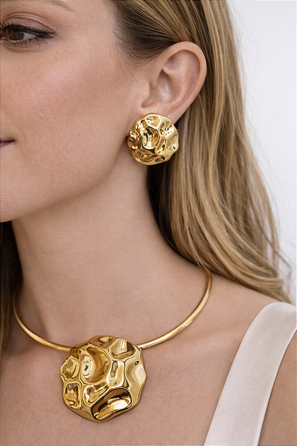 Conjunto Colar e Brinco Martelado - Bijuteria Premium