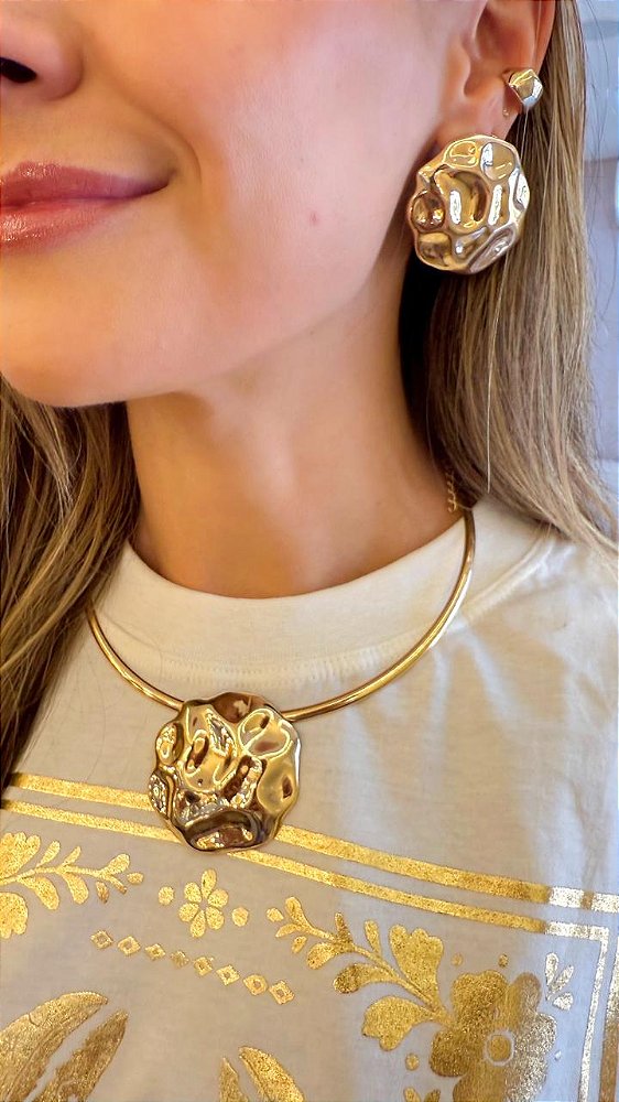 Conjunto Colar e Brinco Martelado - Bijuteria Premium