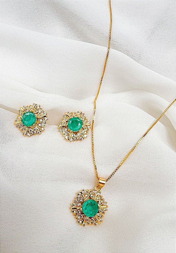 Conjunto Colar e Brinco Esmeralda - Folheado a ouro 18k