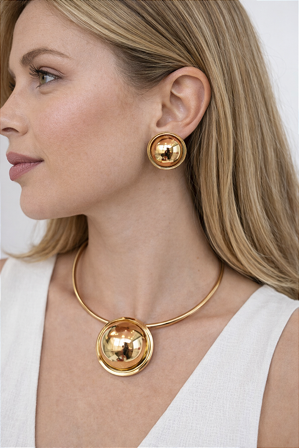 Conjunto Colar e Brinco Redondo Liso - Bijuteria Premium