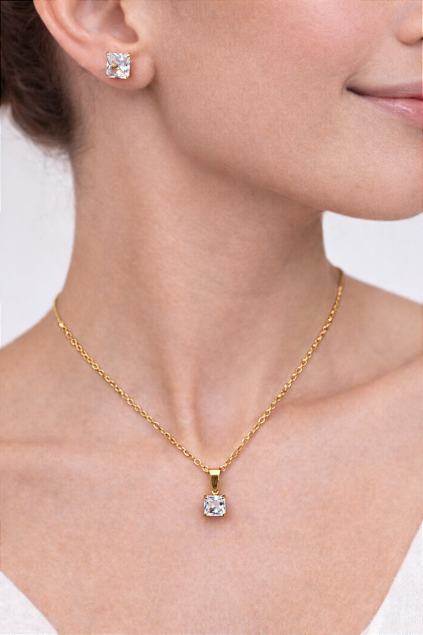 Conjunto Colar e Brinco Zirconia - Folheado a ouro 18k