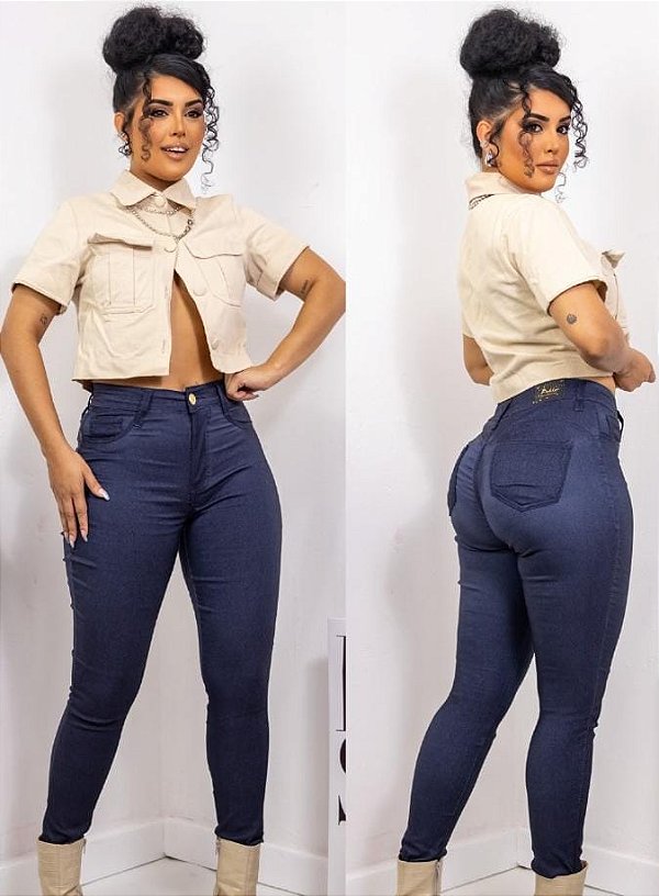 Calça Feminina Skinny Bengaline Elastano   Levanta Bum Bum - jeans escuro