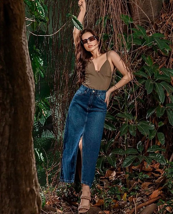 Saia Jeans Longa Com Fenda