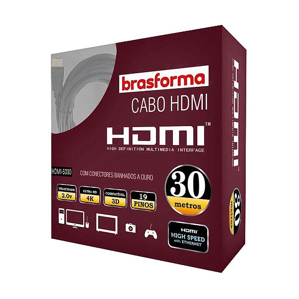 Cabo HDMI 2.0 4K 3D 1080P 19+1 Pinos - 30 Metros