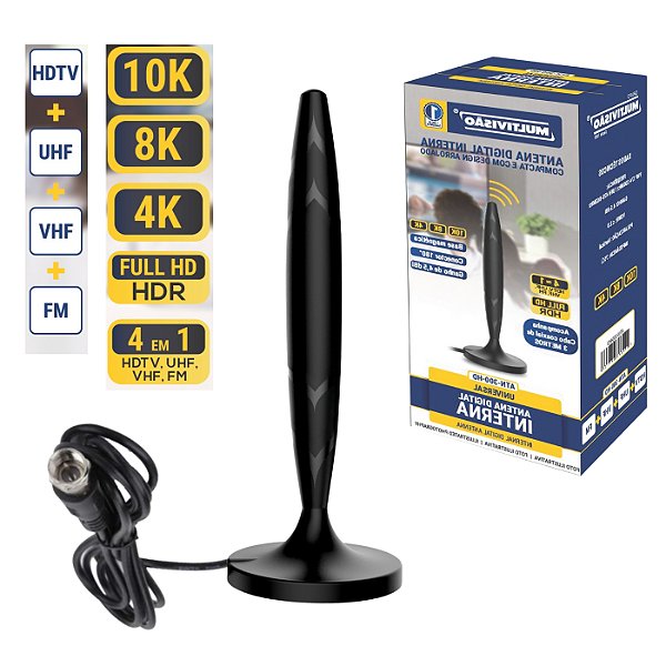 Antena digital interna 4 em 1 HDTV VHF UHF FM cabo 3 metros