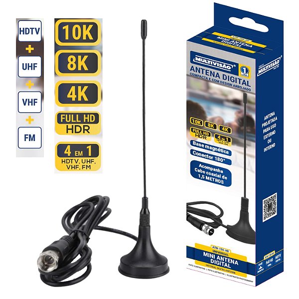 Antena digital interna 4 em 1 HDTV VHF UHF FM cabo 1,5 metro