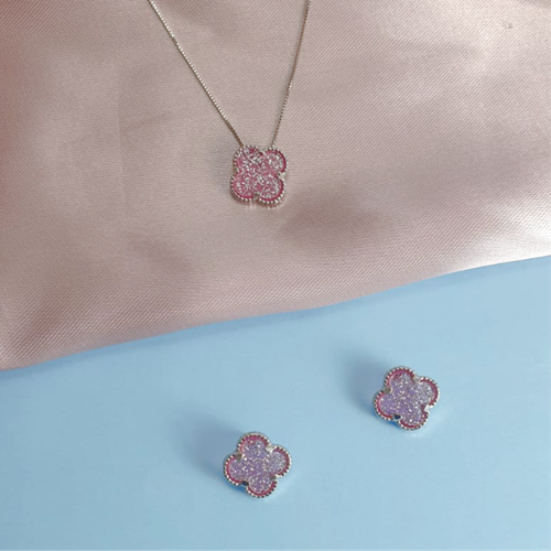 Conjunto Pingente e Brincos Trevo -  Prateado e Rosa