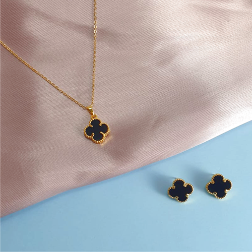 Conjunto Pingente e Brincos Trevo -  Dourado e Preto