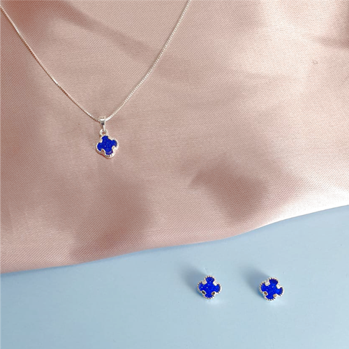 Conjunto Pingente e Brincos Trevo -  Prateado e Azul Royal
