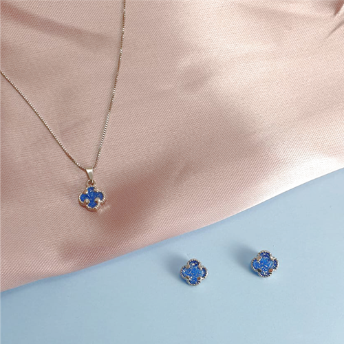 Conjunto Pingente e Brincos Trevo -  Prateado Água Marinha