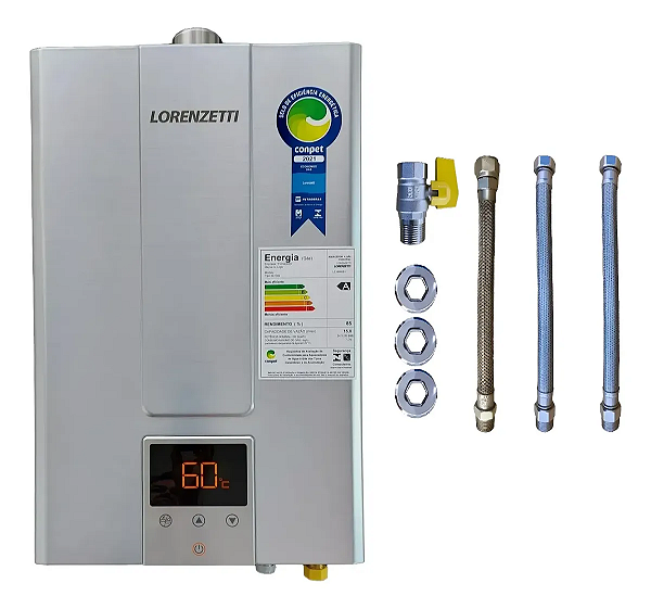 Aquecedor A Gás Lorenzetti 15l Lz1600 De-i Inox Gn + Kit Flexíveis