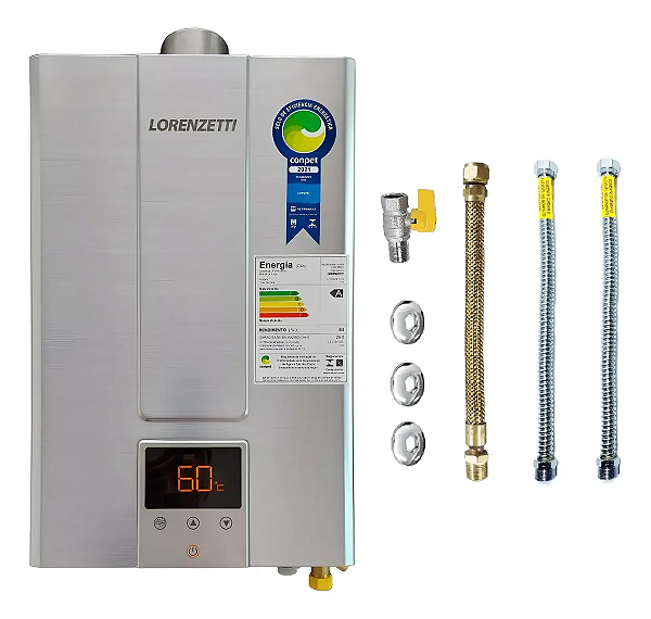 Aquecedor a Gás Lorenzetti LZ 2000DE-I 20L GLP Inox + Kit Flexíveis