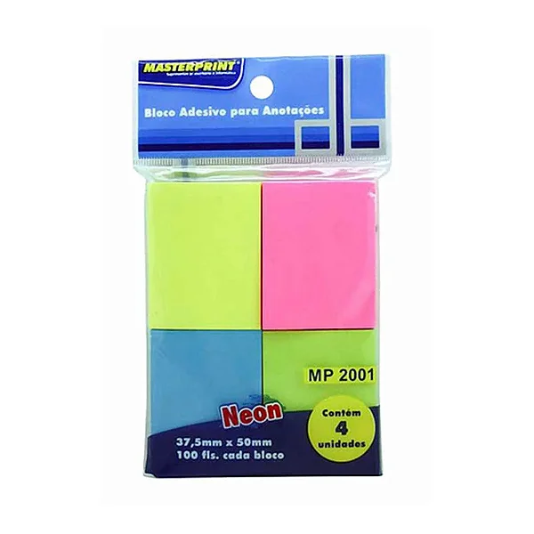 Bloco Adesivo MASTERPRINT 37,5x50mm 100FL 4BL Cores Neon