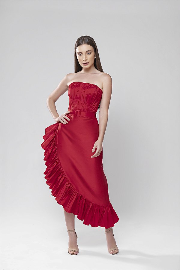 Vestido midi tomara que caia assimétrico com babados Venus