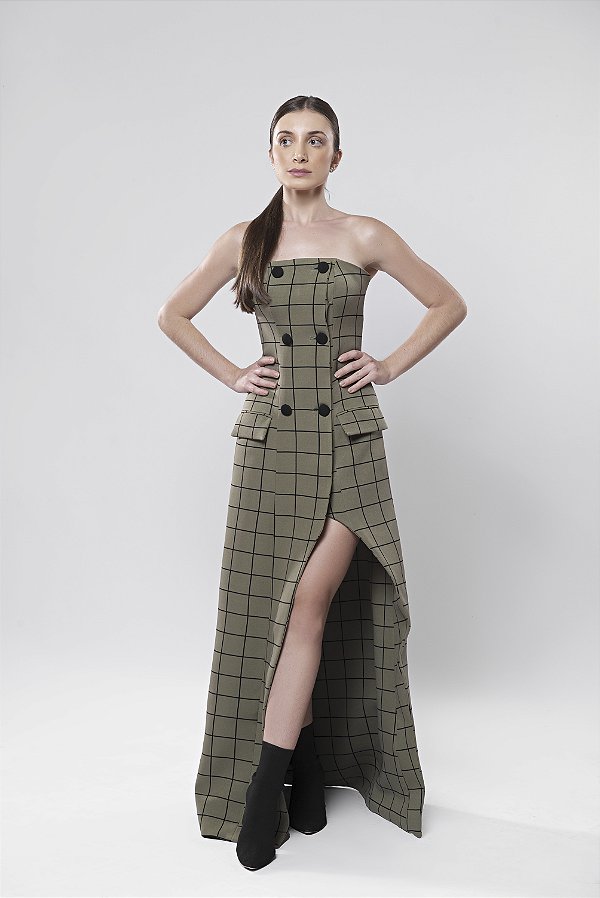 Vestido longo tomara que caia transpassado com botões Venus
