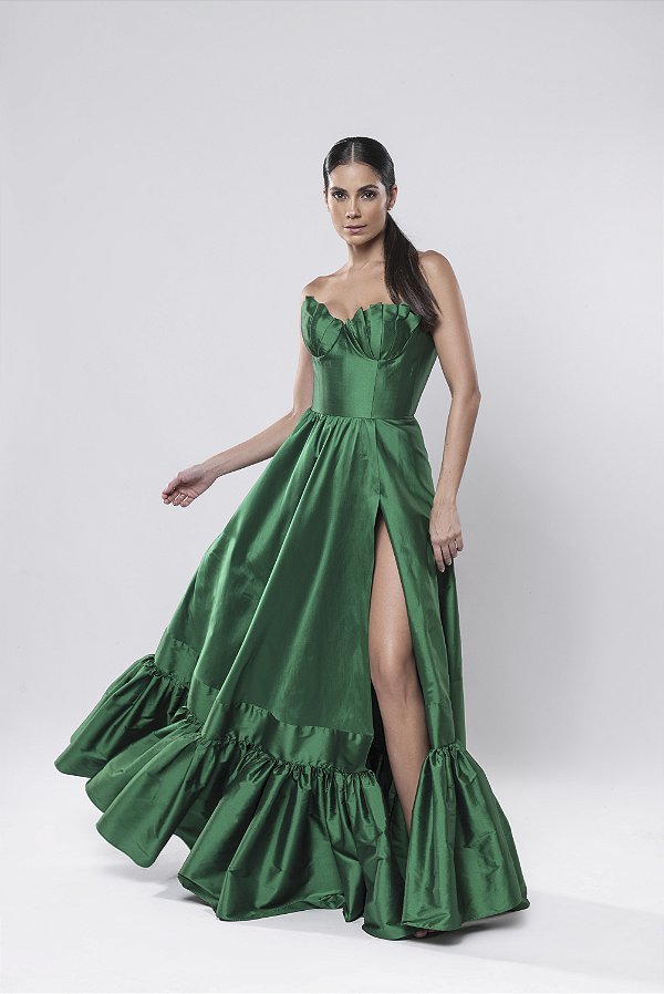 Vestido longo tomara que caia com fenda e babados Venus