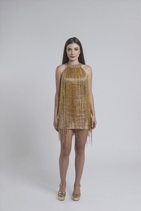 Vestido curto com cava americana bordado com franjas