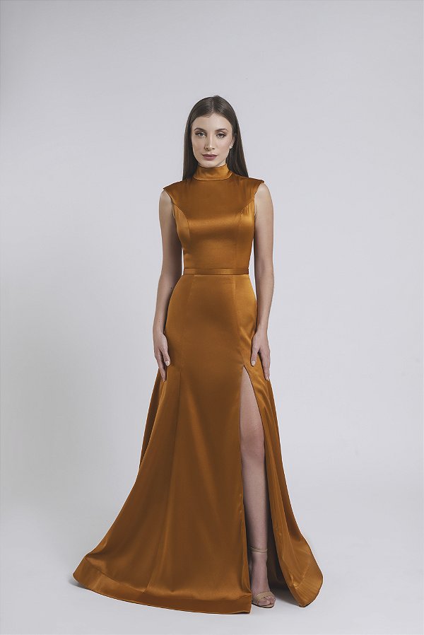 Vestido longo gola alta e saia nesgada Venus