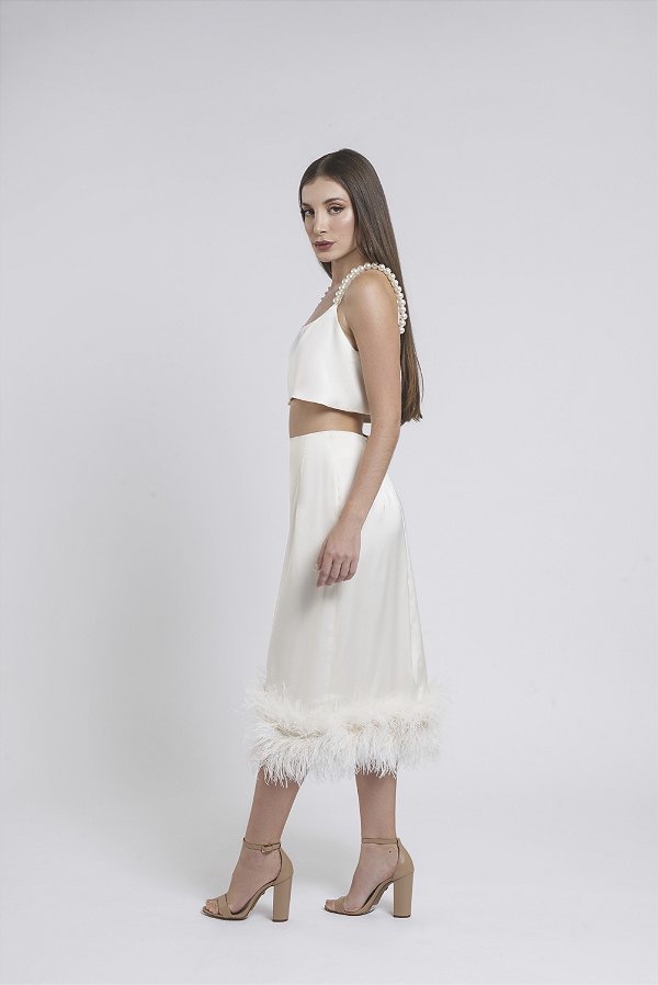 Conjuto de cropped e saia com plumas Venus