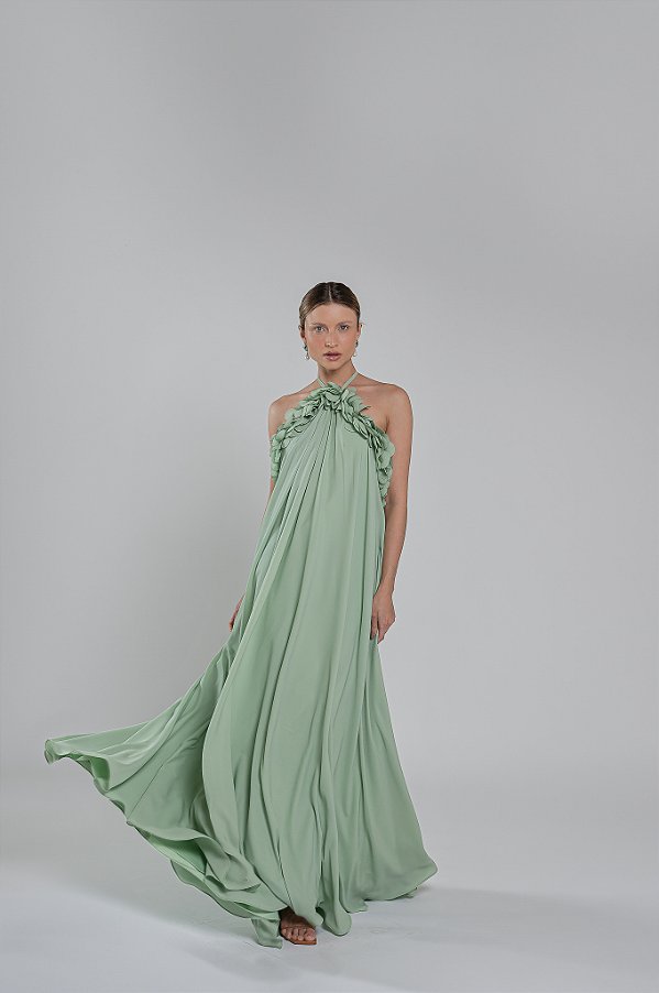 Vestido longo frente única detalhado em petalas Garden