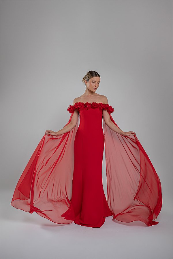 Vestido longo tomara que caia detalhado em flores e capa Garden