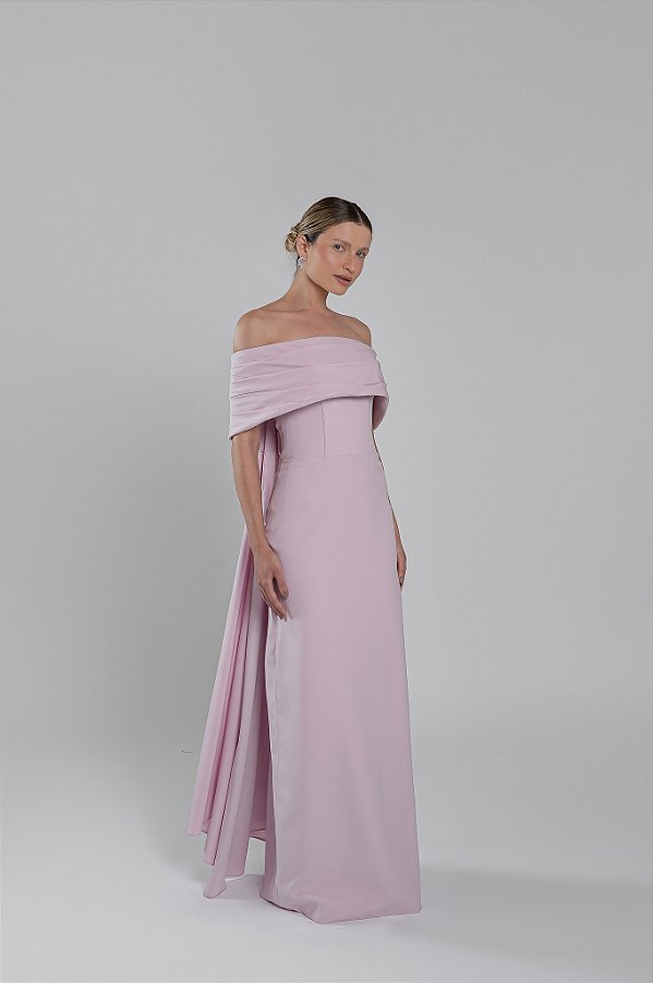 Vstido longo alfaiataria com pala drapeada e capa Garden