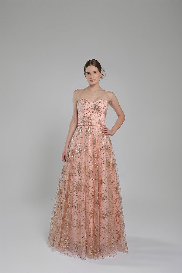 Vestido longo tomara que caia detalhado em brilho Garden