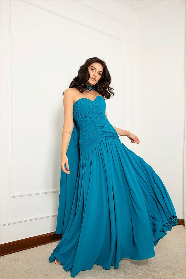 Vestido georgette de seda drapeado azul Cápsula