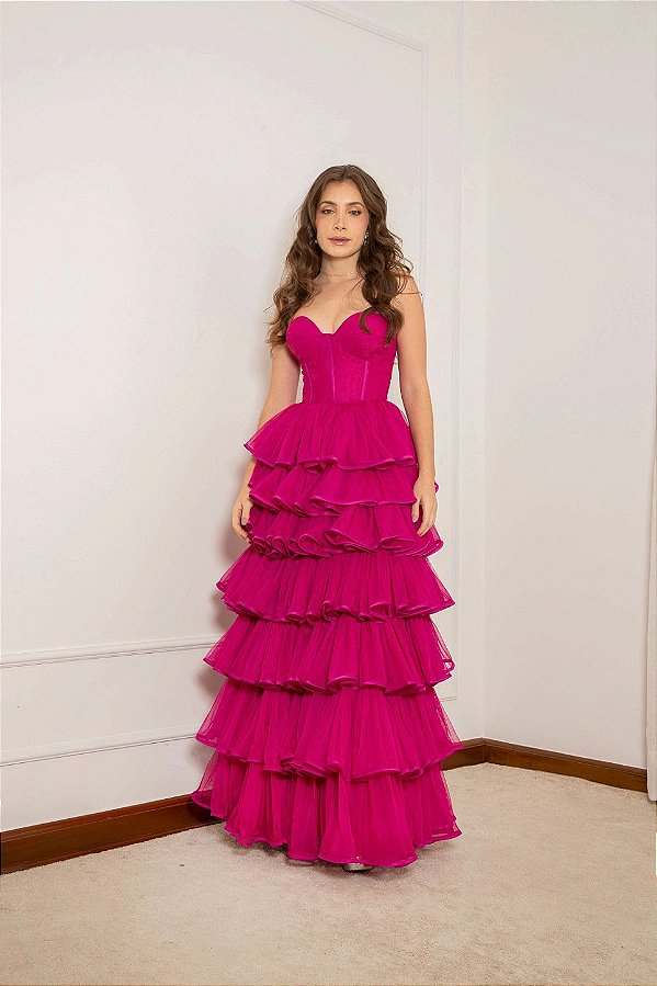 Vestido tule de seda e renda francesa em babados fucsia Cápsula