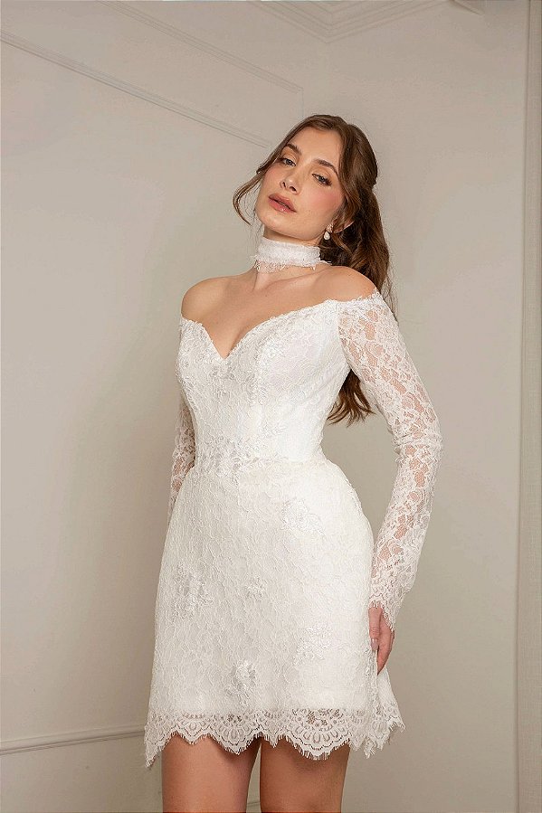 Vestido curto renda francesa off white noiva