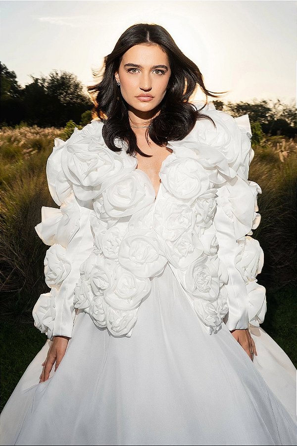 Conjunto noiva flores seda pura off white