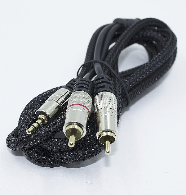 Cabo de Áudio Profissional P2 Estereo + 2 Rca Gold 24k Nylon 5m