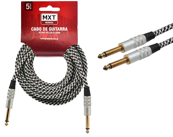 Cabo para Guitarra Violão Blindado P10 + P10 Têxtil 5m - Preto e Branco