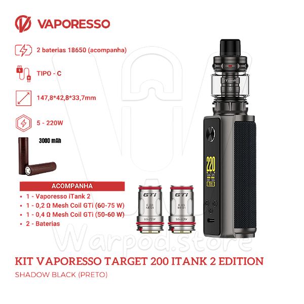 Vape Vaporesso Target 200 (itank2 edition) -Shadow Black