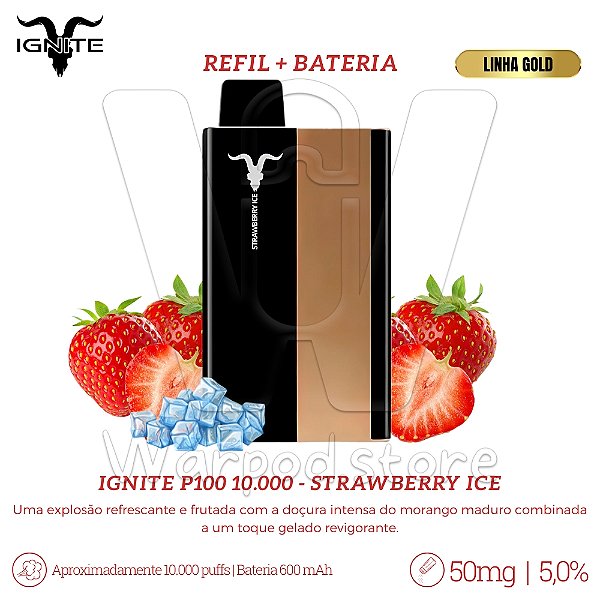 Pod + Refil Desc Ignite P100 10.000 (GOLD) - Strawberry Ice