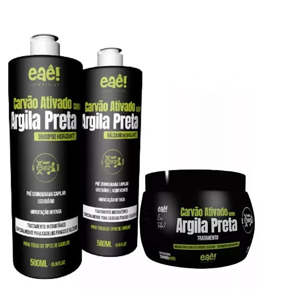 Kit 3 Passos Carvão Ativado Argila Preta 500ml Eaêcosméticos