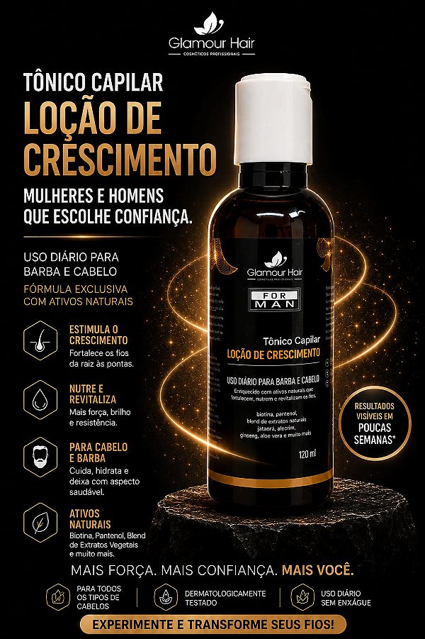 Tônico Capilar Crescimento Barba e Cabelo Glamour Hair For Man 120ml